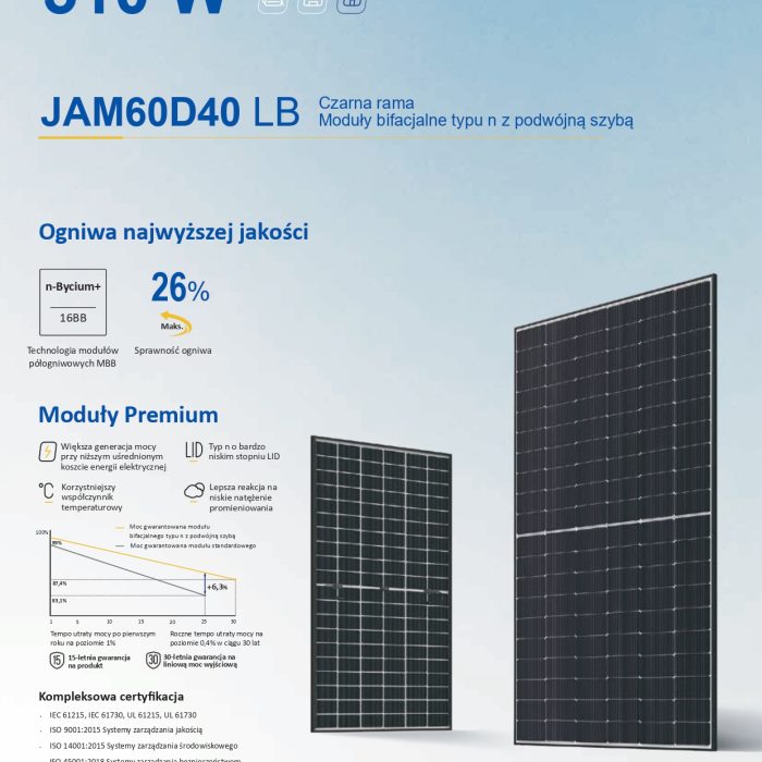 JA SOLAR JAM60D40 BIFACIAL 500W LB Czarna rama MC4 (N-Type)